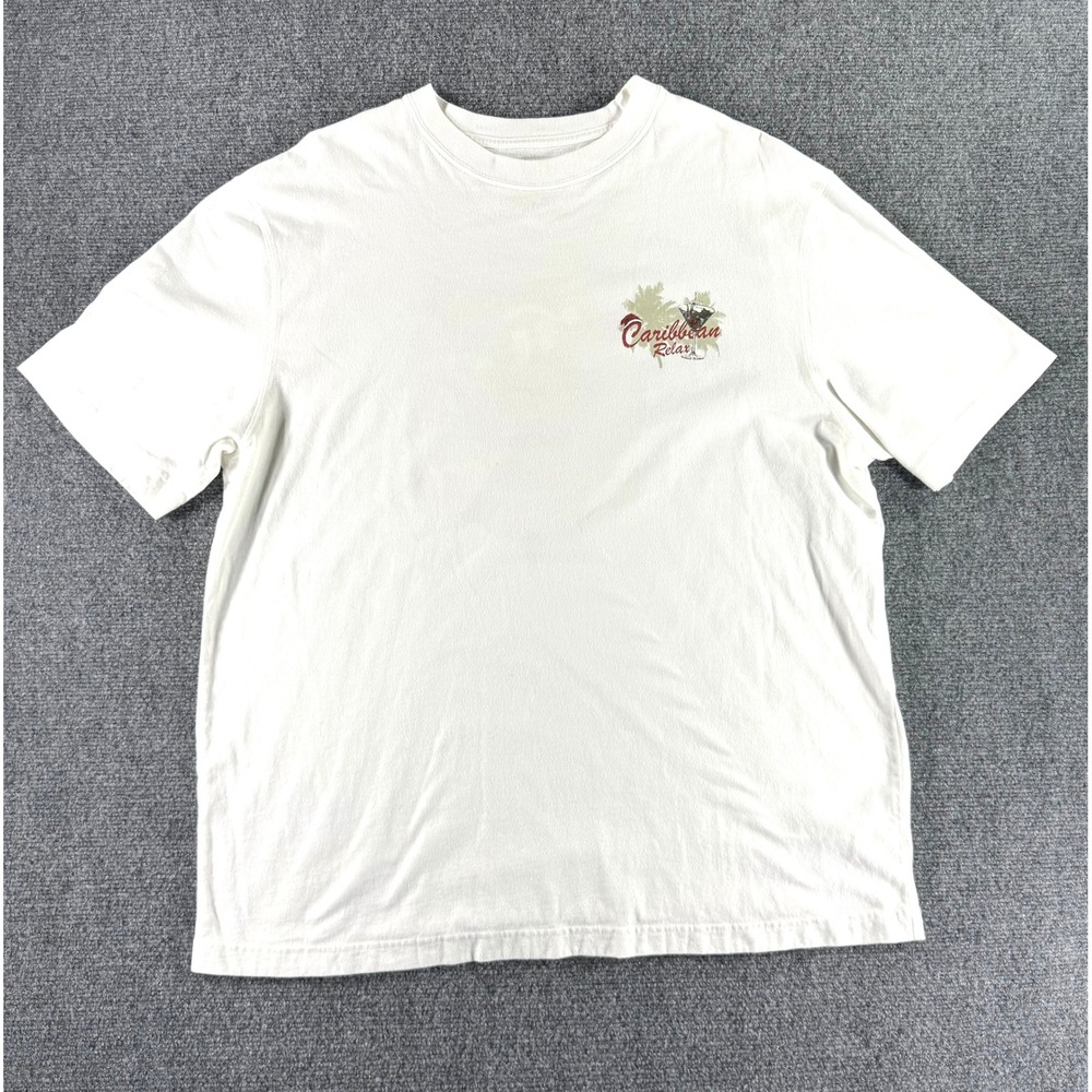 Caribbean Relax Parrot Island Bar Grill Christmas T-Shirt Mens XL White Graphic